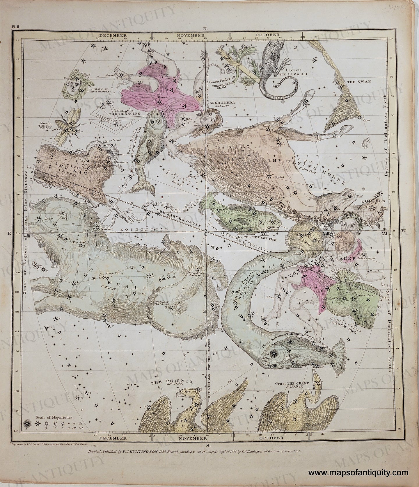 Colorful representations of the constellations October, November, December including Aries, Cetus, Aquarius, Andromeda, Pegasus. Antique-Map-Northern-Constellations-October-November-December