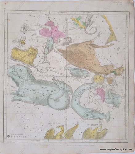 Colorful representations of the constellations October, November, December including Aries, Cetus, Aquarius, Andromeda, Pegasus. Antique-Map-Northern-Constellations-October-November-December