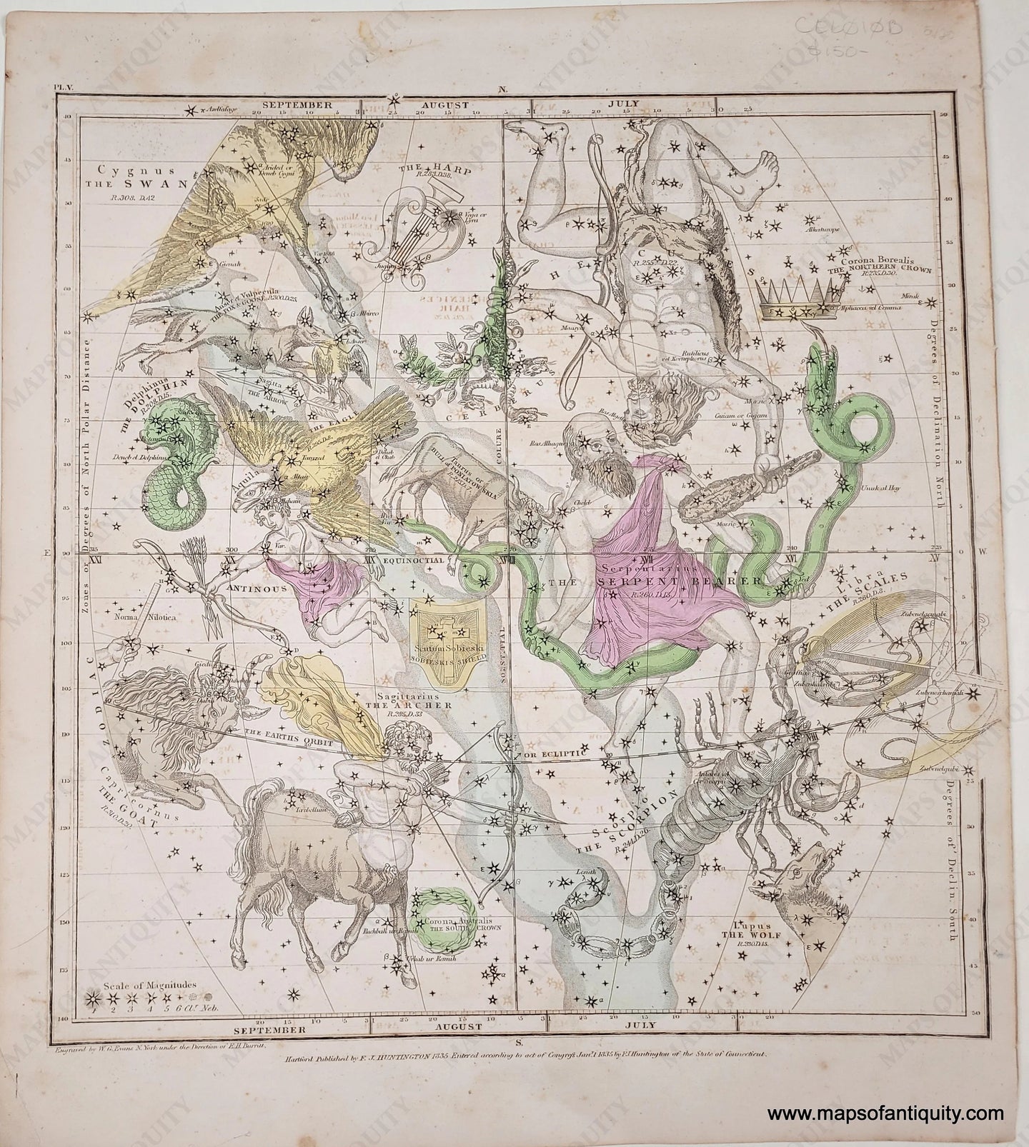 Antique star map showing the constellations and their personifications, including Hercules, Sagittarius, Scorpio. All in antique hand-coloring of pink, yellow, green, blue, and brown.