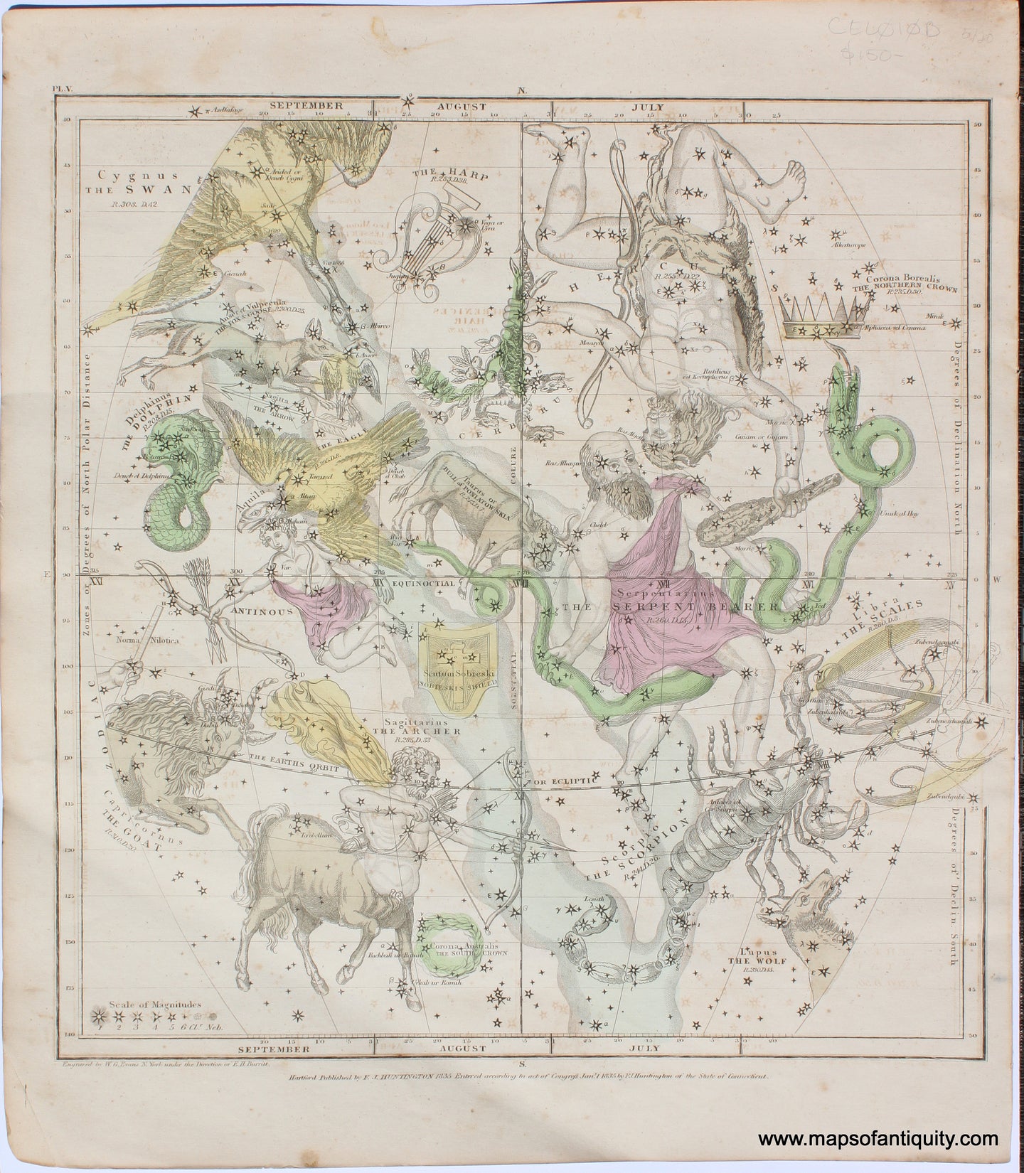 Antique-Celestial-Star-Map-Chart-July-August-September-sagitarius-scorpio-libra-zodiac-1835-Burrit-1830s-1800s-19th-century-Maps-of-Antiquity