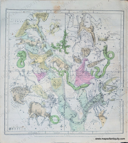 Antique star map showing the constellations and their personifications, including Hercules, Sagittarius, Scorpio. All in antique hand-coloring of pink, yellow, green, blue, and brown.