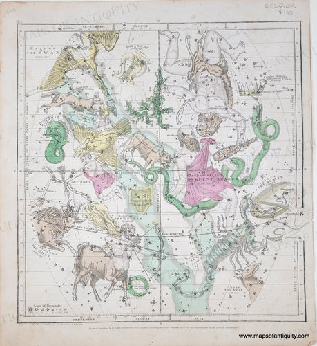 Antique star map showing the constellations and their personifications, including Hercules, Sagittarius, Scorpio. All in antique hand-coloring of pink, yellow, green, blue, and brown.