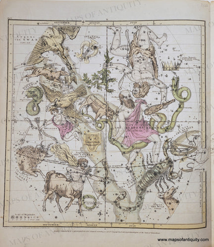 Antique star map showing the constellations and their personifications, including Hercules, Sagittarius, Scorpio. All in antique hand-coloring of pink, yellow, green, blue, and brown.