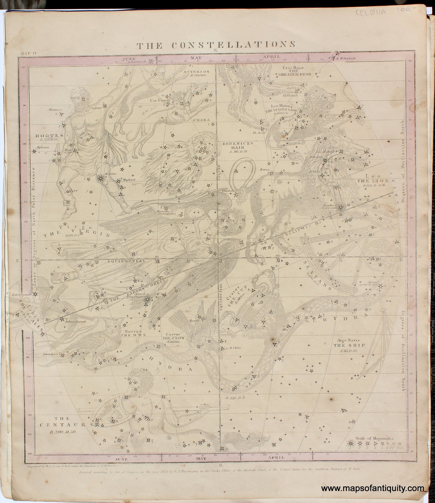 Hand-Colored-Antique-Celestial-Map-Constellations-April-May.-June.-Celestial--1856-Burritt-Maps-Of-Antiquity