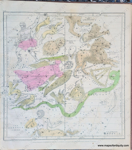 Chart showing illustrated depictions of the constellations colored in tones of pink, green, yellow, and brown. Antique-Map-Print-Chart-Northern-Constellations-April-May-June-Zodiac-stars-1835-Burritt