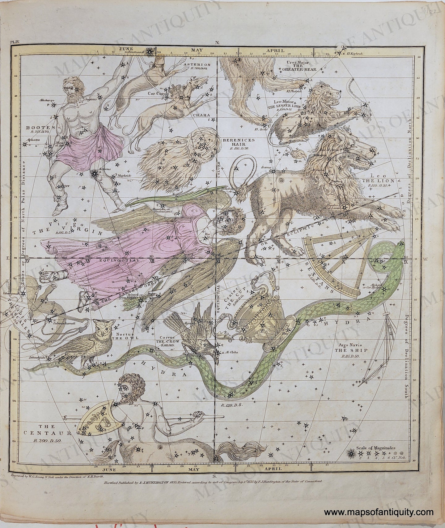 Chart showing illustrated depictions of the constellations colored in tones of pink, green, yellow, and brown. Antique-Map-Print-Chart-Northern-Constellations-April-May-June-Zodiac-stars-1835-Burritt