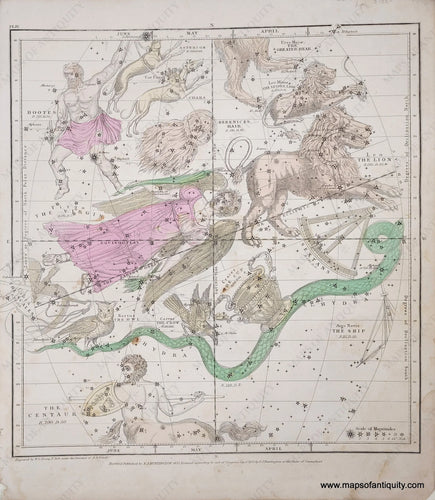 Chart showing illustrated depictions of the constellations colored in tones of pink, green, yellow, and brown. Antique-Map-Print-Chart-Northern-Constellations-April-May-June-Zodiac-stars-1835-Burritt