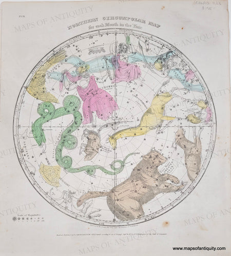 Chart showing illustrated depictions of the constellations colored in tones of pink, green, yellow, and brown, with blue for the milky way. CEL013-Northern-Circumpolar-Map-for-each-Month-of-the-Year-constellation-star-chart-Ursa-Major-Cassiopeia-Perseus-Cepheus-Draco-1835-Burritt-1830s-1800s-19th-century-Maps-of-Antiquity