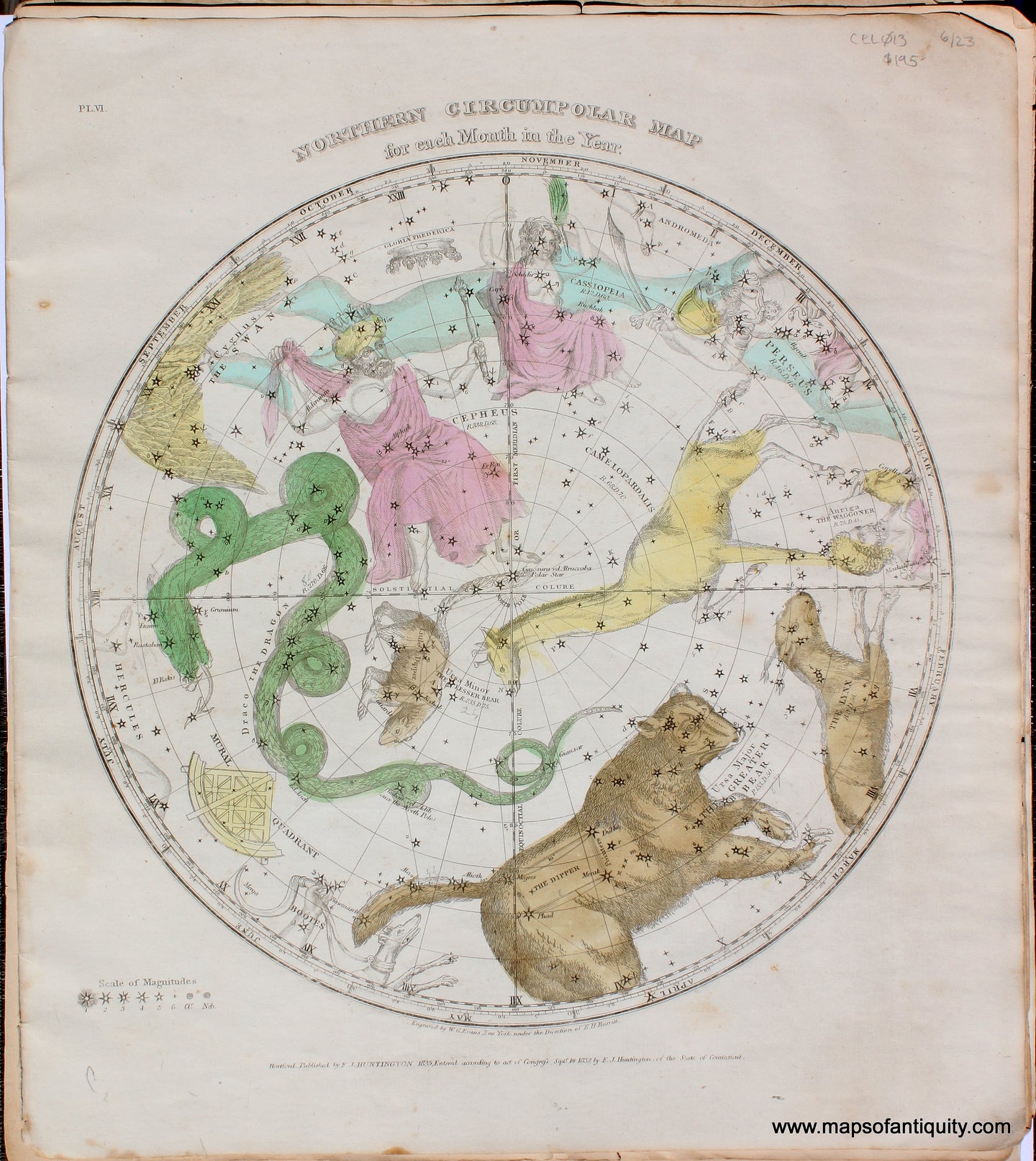 CEL013-Northern-Circumpolar-Map-for-each-Month-of-the-Year-constellation-star-chart-Ursa-Major-Cassiopeia-Perseus-Cepheus-Draco-1835-Burritt-1830s-1800s-19th-century-Maps-of-Antiquity