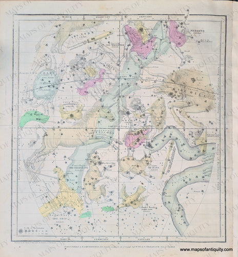 Antique star map Chart showing illustrated depictions of the constellations colored in tones of pink, green, yellow, and brown. The-Constellations-January-February-March-Antique-Celestial-Map-Sky-Stars-Zodiac-1835-Burritt