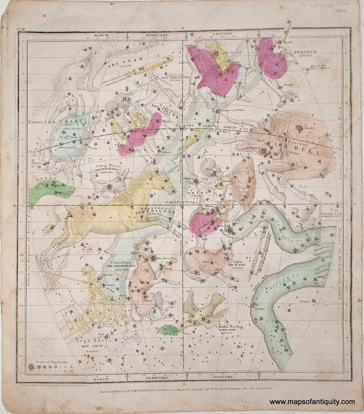 Antique star map Chart showing illustrated depictions of the constellations colored in tones of pink, green, yellow, and brown. The-Constellations-January-February-March-Antique-Celestial-Map-Sky-Stars-Zodiac-1835-Burritt