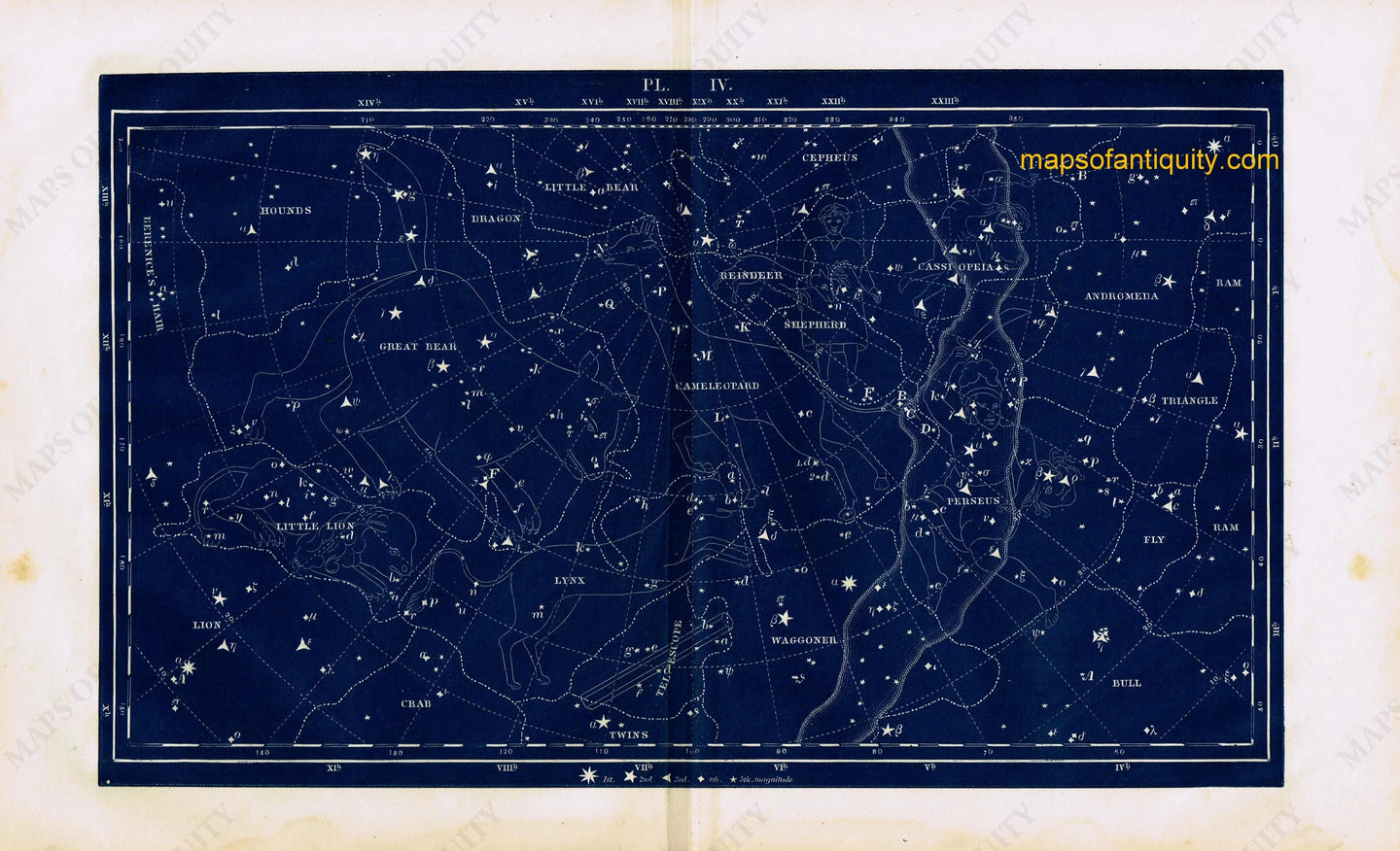 Antique-Printed-Color-Celestial-Map-Plate-IV-with-Perseus-and-the-Great-Bear-Constellations-**********-Celestial--1846-Butler-Maps-Of-Antiquity