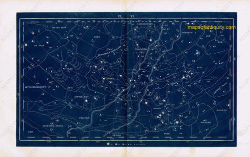 Antique-Printed-Color-Celestial-Map-Plate-VI-with-Orion-and-Herschel's-Telescope-Constellations-****-Celestial--1846-Butler-Maps-Of-Antiquity