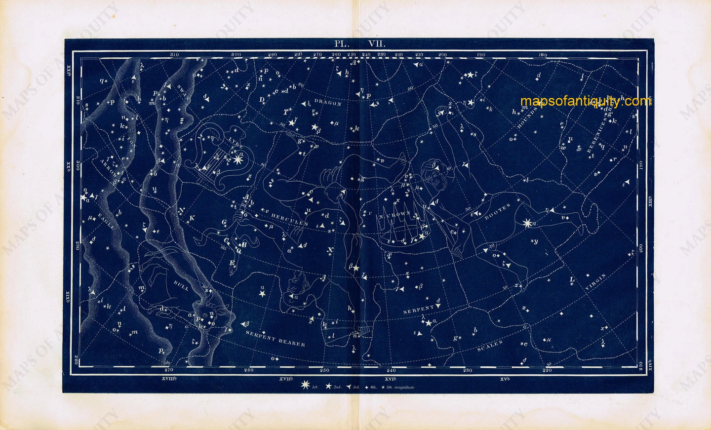 Antique-Printed-Color-Celestial-Map-Plate-VII-with-Hercules-and-the-North-Crown-Constellations-**********-Celestial--1846-Butler-Maps-Of-Antiquity