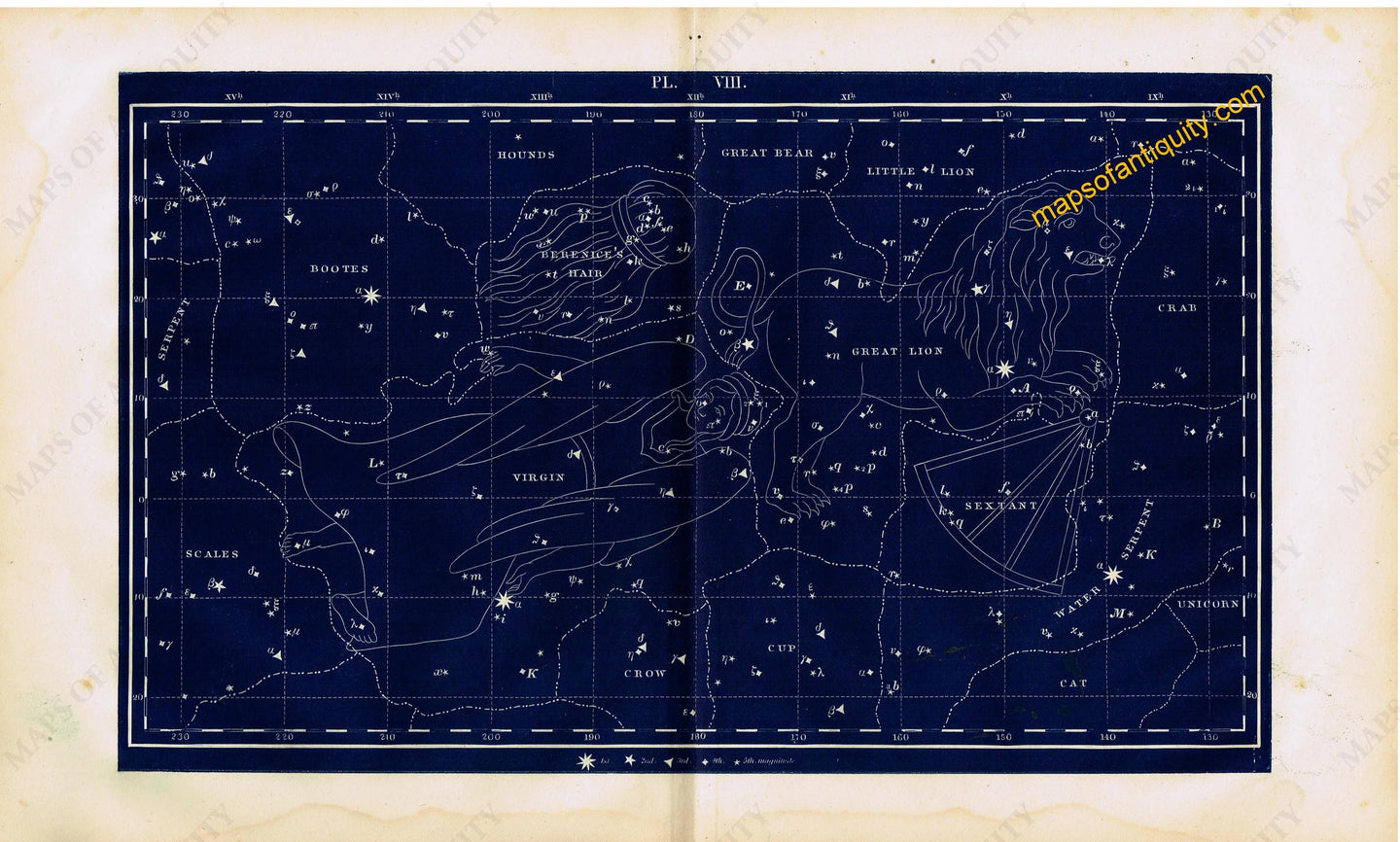 Antique-Printed-Color-Celestial-Map-Plate-VIII-with-the-Great-Lion-and-the-Virgin-Constellations-**********-Celestial--1846-Butler-Maps-Of-Antiquity