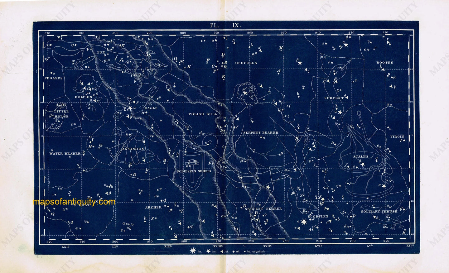 Antique-Printed-Color-Celestial-Map-Plate-IX-with-the-Scales-and-Antinous-Constellations-**********-Celestial--1846-Butler-Maps-Of-Antiquity