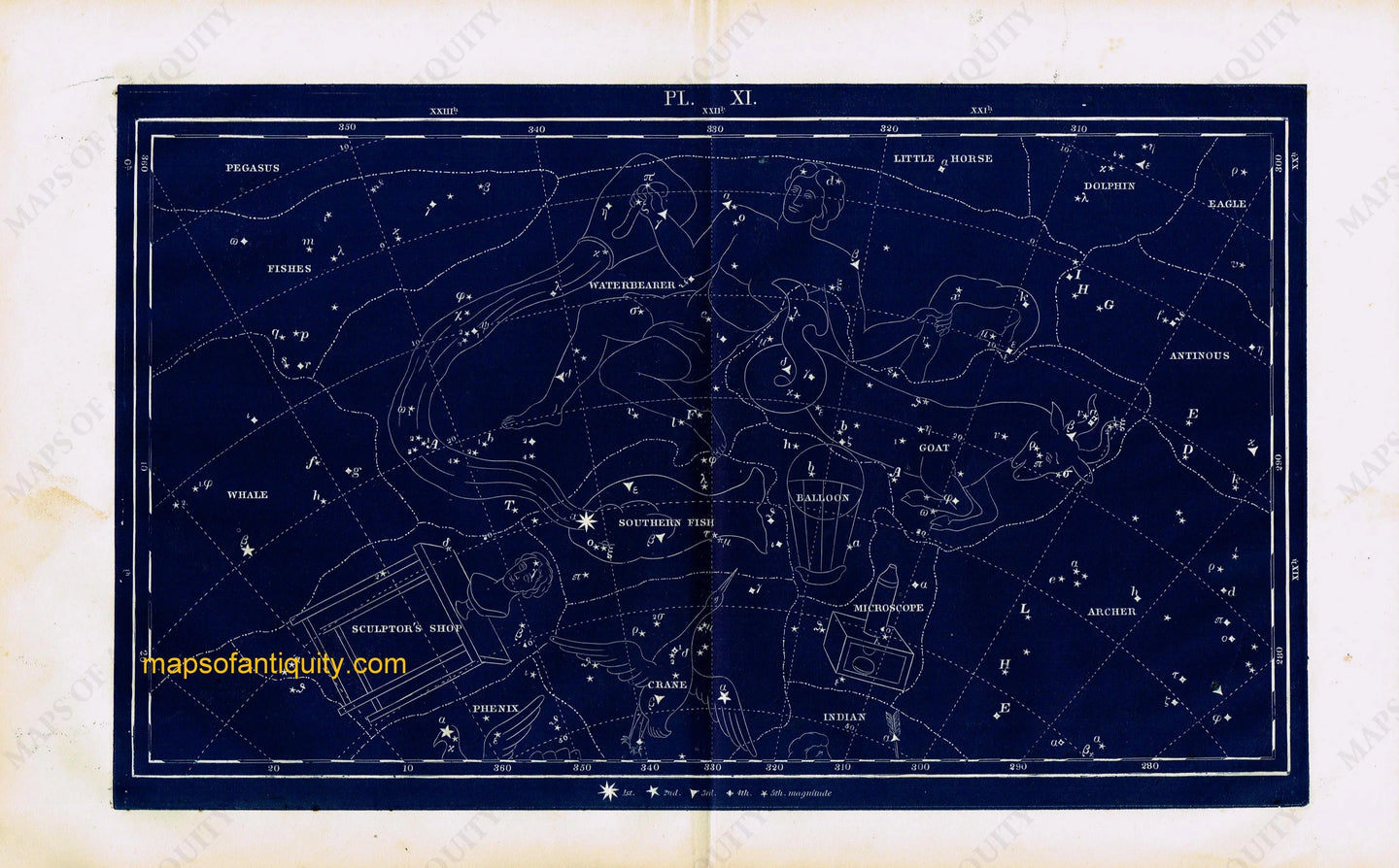 Antique-Printed-Color-Celestial-Map-Plate-XI-with-the-Waterbearer-and-the-Goat-Constellations-**********-Celestial--1846-Butler-Maps-Of-Antiquity