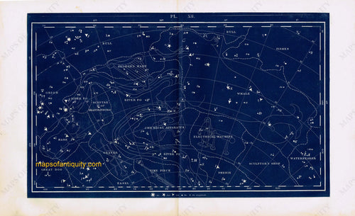 Antique-Printed-Color-Celestial-Map-Plate-XII-with-the-Whale-and-George's-Harp-Constellations-Celestial--1846-Butler-Maps-Of-Antiquity