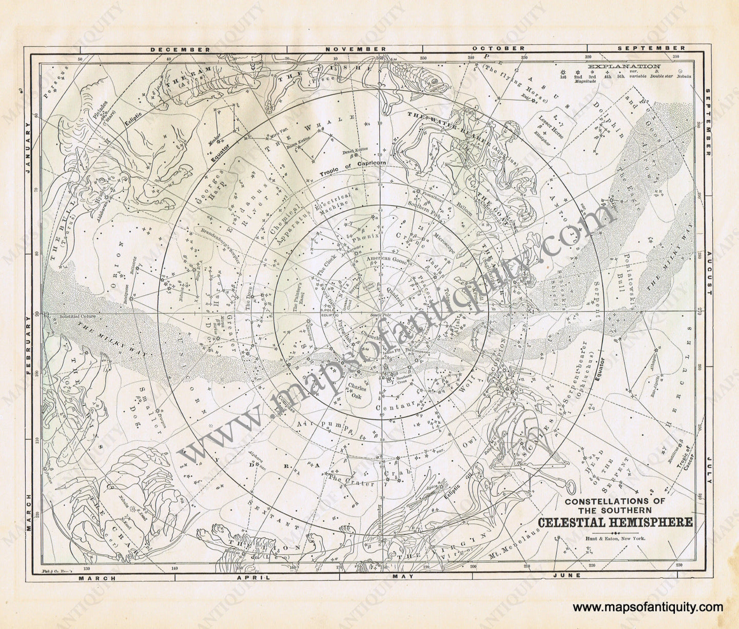 Antique-Printed-Color-Map-Constellations-of-the-Southern-Celestial-Hemisphere-**********-Celestial--1893-Hunt-&-Eaton-Maps-Of-Antiquity