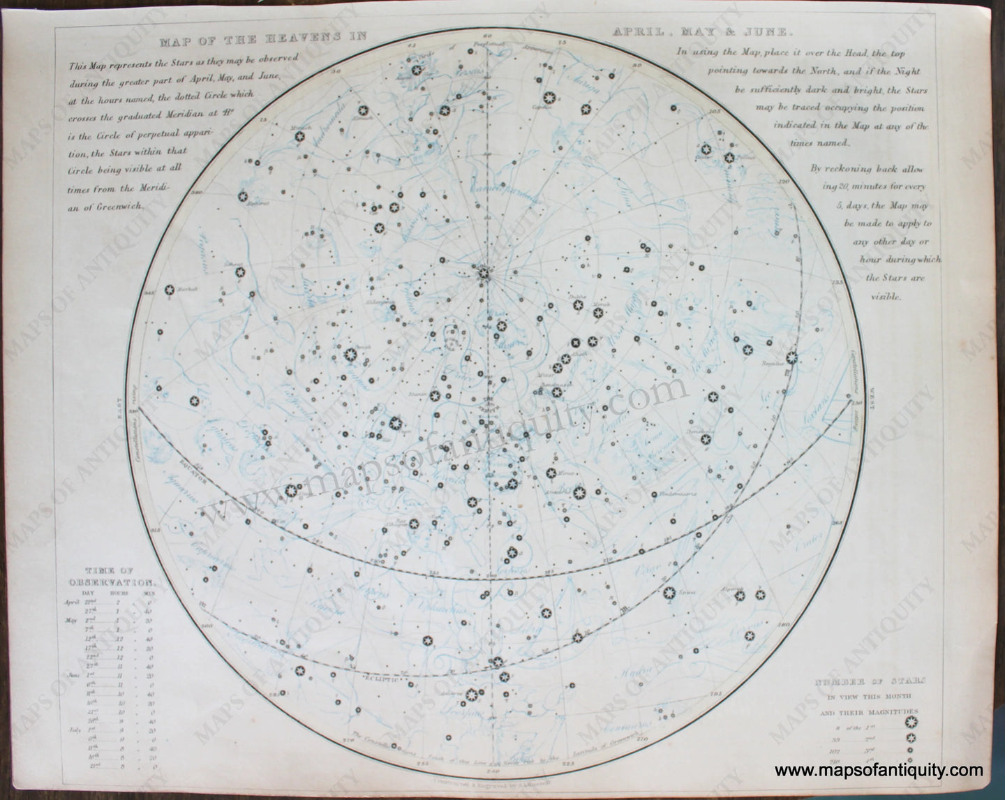 Genuine-Antique-Map-Map-of-the-Heavens-in-April-May-&-June-Celestial--1850-Petermann-/-Orr-/-Dower-Maps-Of-Antiquity-1800s-19th-century