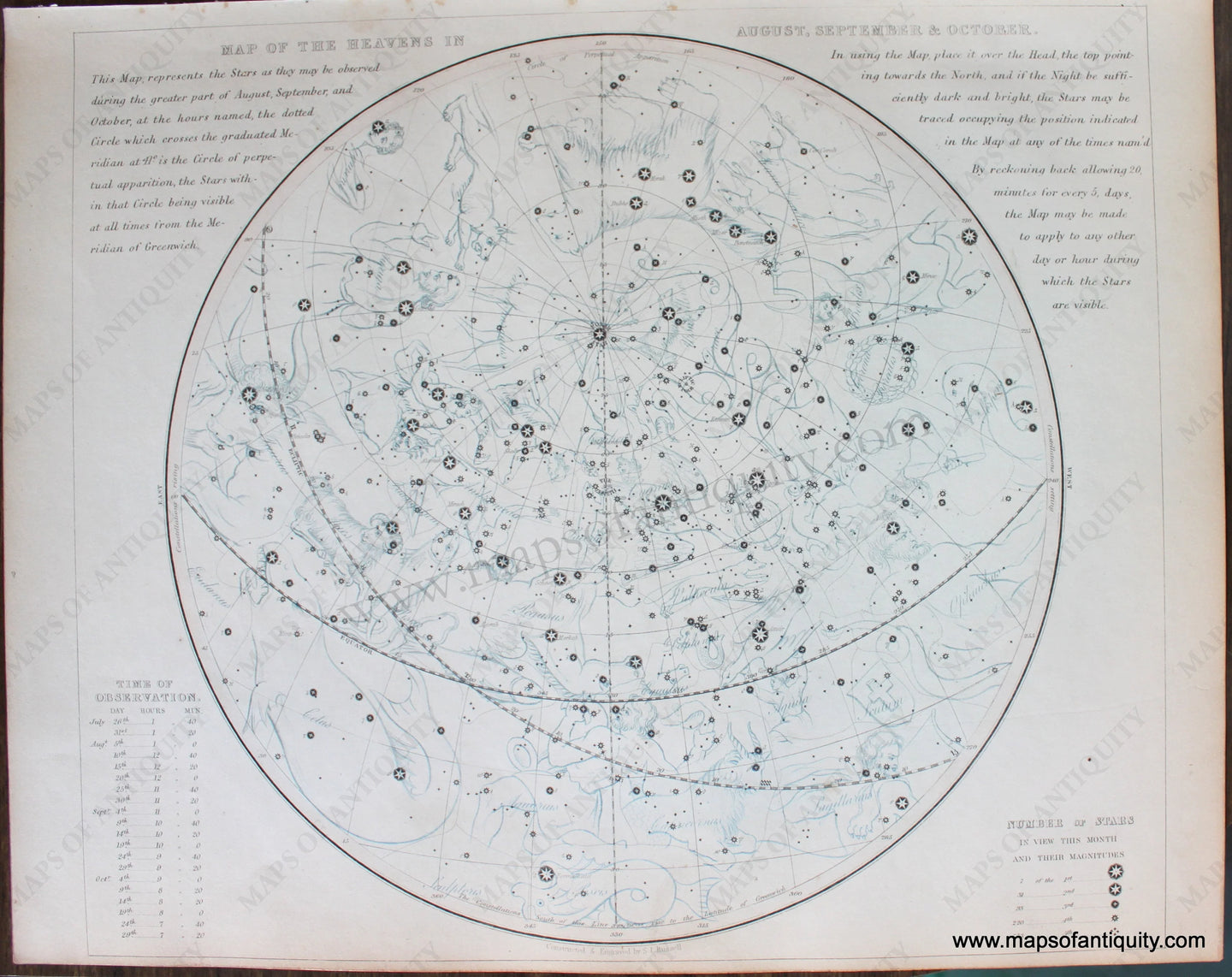 Genuine-Antique-Map-Map-of-the-Heavens-in-August-September-&-October-Celestial--1850-Petermann-/-Orr-/-Dower-Maps-Of-Antiquity-1800s-19th-century