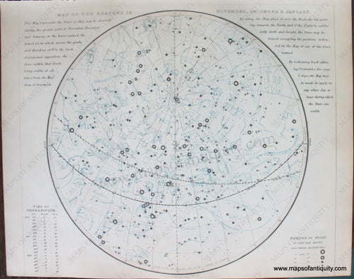 Genuine-Antique-Map-Map-of-the-Heavens-in-November-December-&-January-Celestial--1850-Petermann-/-Orr-/-Dower-Maps-Of-Antiquity-1800s-19th-century