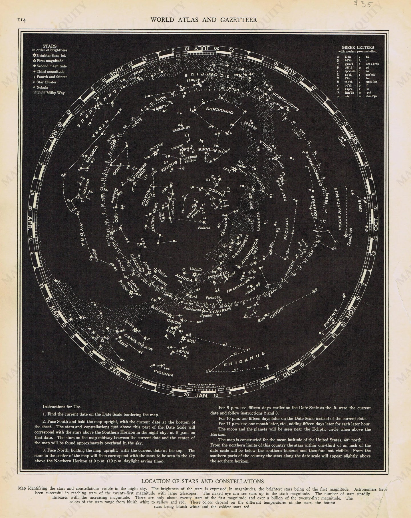 Genuine-Antique-Map-Location-of-Stars-and-Constellations-1940-Rand-McNally-Maps-Of-Antiquity