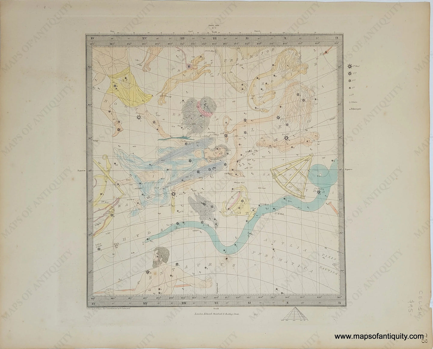 Genuine-Antique-Engraving-Celestial-Map-No-3-featuring-Libra-Leo-and-Virgo-Celestial--1860-SDUK--Society-for-the-Diffusion-of-Useful-Knowledge-Maps-Of-Antiquity-1800s-19th-century