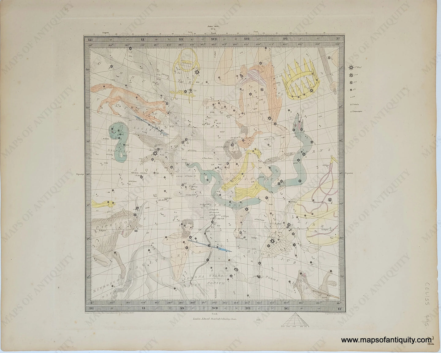 Genuine-Antique-Engraving-Celestial-Map-No-4-featuring-Libra-Sagittarius-and-Scorpio-Celestial--1860-SDUK--Society-for-the-Diffusion-of-Useful-Knowledge-Maps-Of-Antiquity-1800s-19th-century