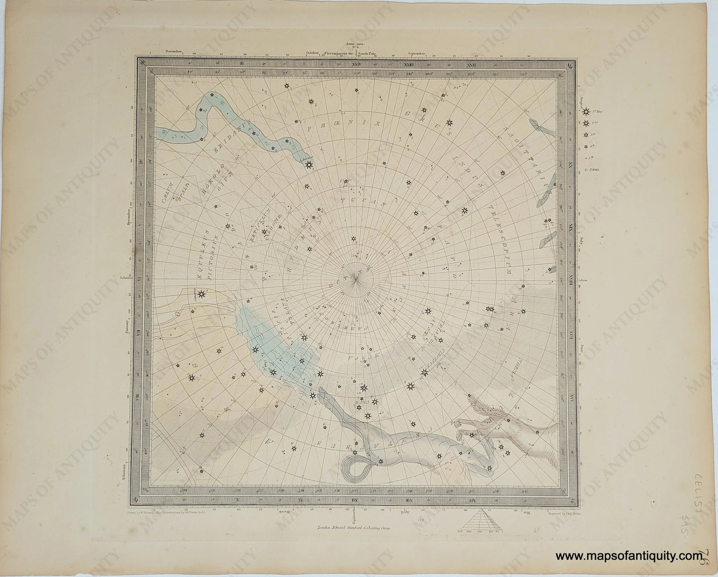 Genuine-Antique-Engraving-Celestial-Map-No-6-featuring-Centaurus-Lupus-Hydrus-Circumjacent-the-South-Pole-Celestial--1860-SDUK--Society-for-the-Diffusion-of-Useful-Knowledge-Maps-Of-Antiquity-1800s-19th-century