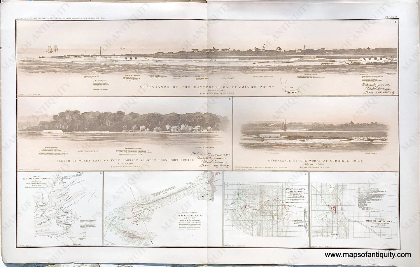 Antique-Lithograph-Print-Plate-2.-Part-of-West-Virginia-/-Sketch-of-fight-at-Rich-Mountain-W.Va..-July-12th-1861-/-Camp-Garnett-/-Rich-Mt.-Battle-Field-July-11-1861-plus-3-views-of-Charleston-S.C.-and-vicinity. -1891-US-War-Dept.-Civil-War-Civil-War-1800s-19th-century-Maps-of-Antiquity