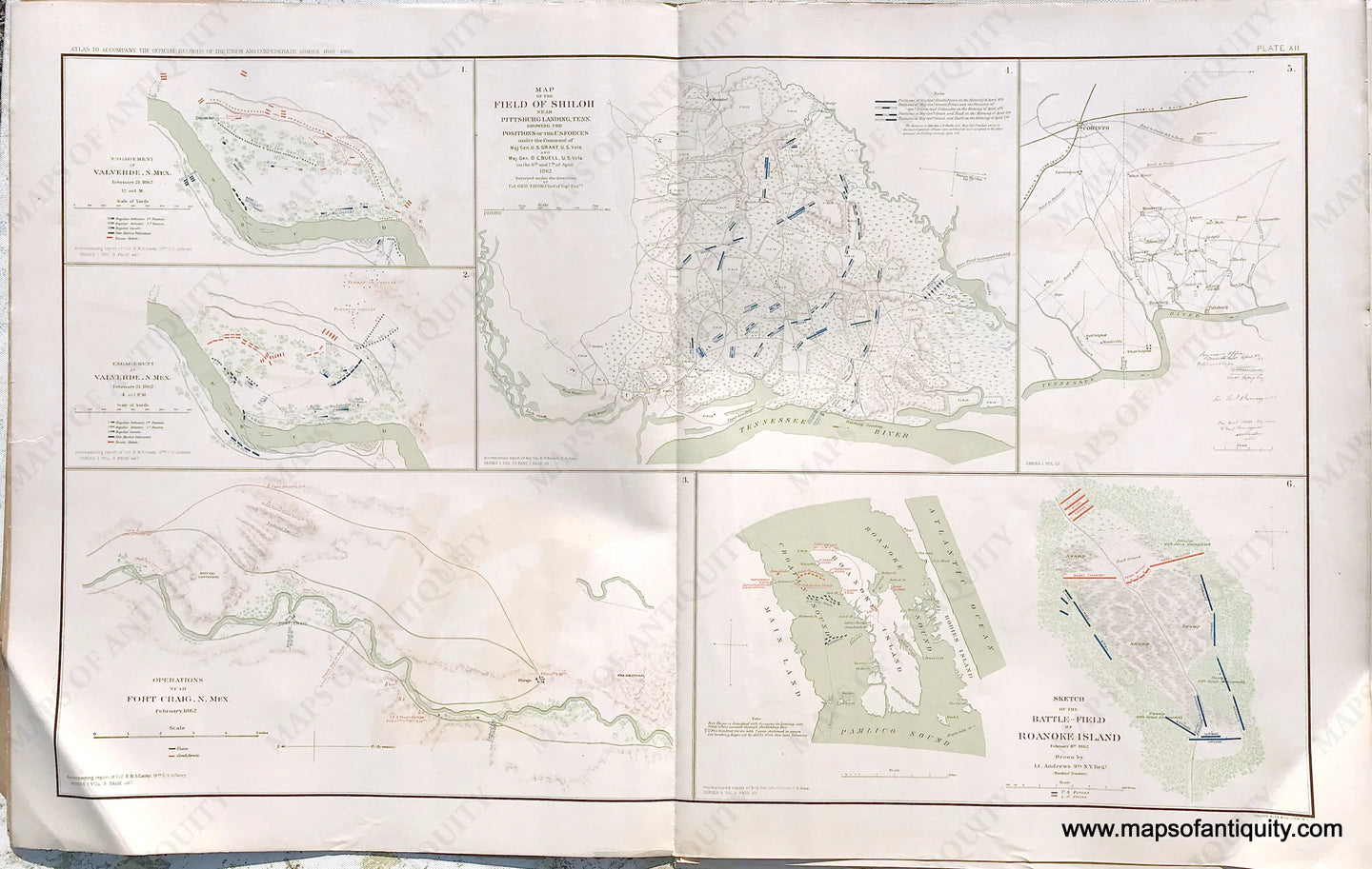 Antique-Lithograph-Print-Plate-12.-Ã‚Â Field-of-Shiloh-April-6th-and-7th-1862-/-Engagement-at-Valverde-New-Mexico-February-21st-1862-12-o'clock-/-Engagement-at-Valverde-New-Mexico-February-21st-1862-4-p.m.-/-Operations-at-Fort-Craig-New-Mexico-/-Battle-Field-of-Roanoke-Island-February-8th-1862-plus-1-smaller-map-1891-US-War-Dept.-Civil-War-Civil-War-1800s-19th-century-Maps-of-Antiquity