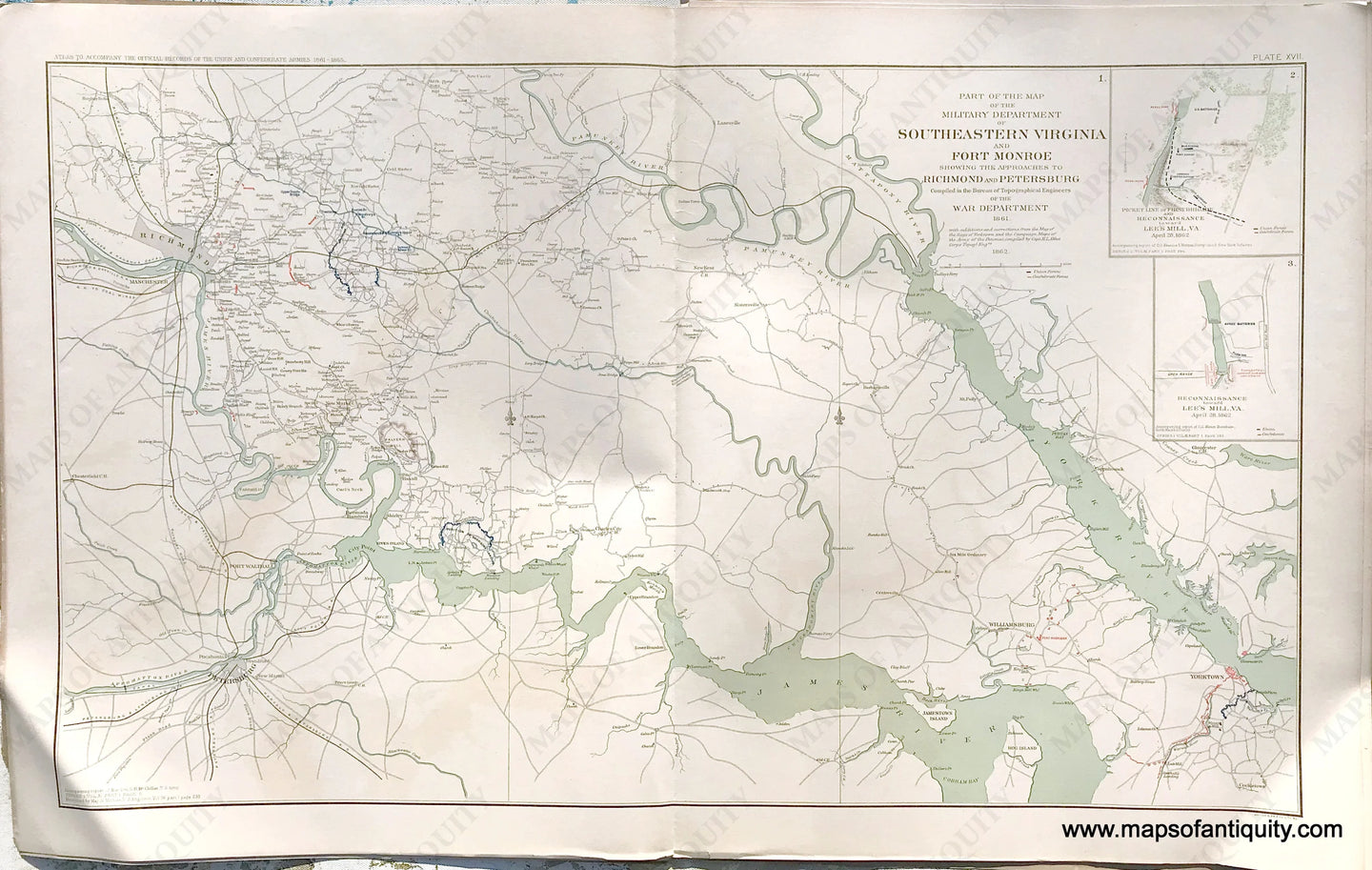 Antique-Lithograph-Print-Plate-17.-Southeastern-Virginia-and-Fort-Monroe-showing-approaches-to-Richmond-and-Petersburg-1861-with-additions-and-corrections-1862-with-2-smaller-maps.-1892-US-War-Dept.-Civil-War-Civil-War-1800s-19th-century-Maps-of-Antiquity