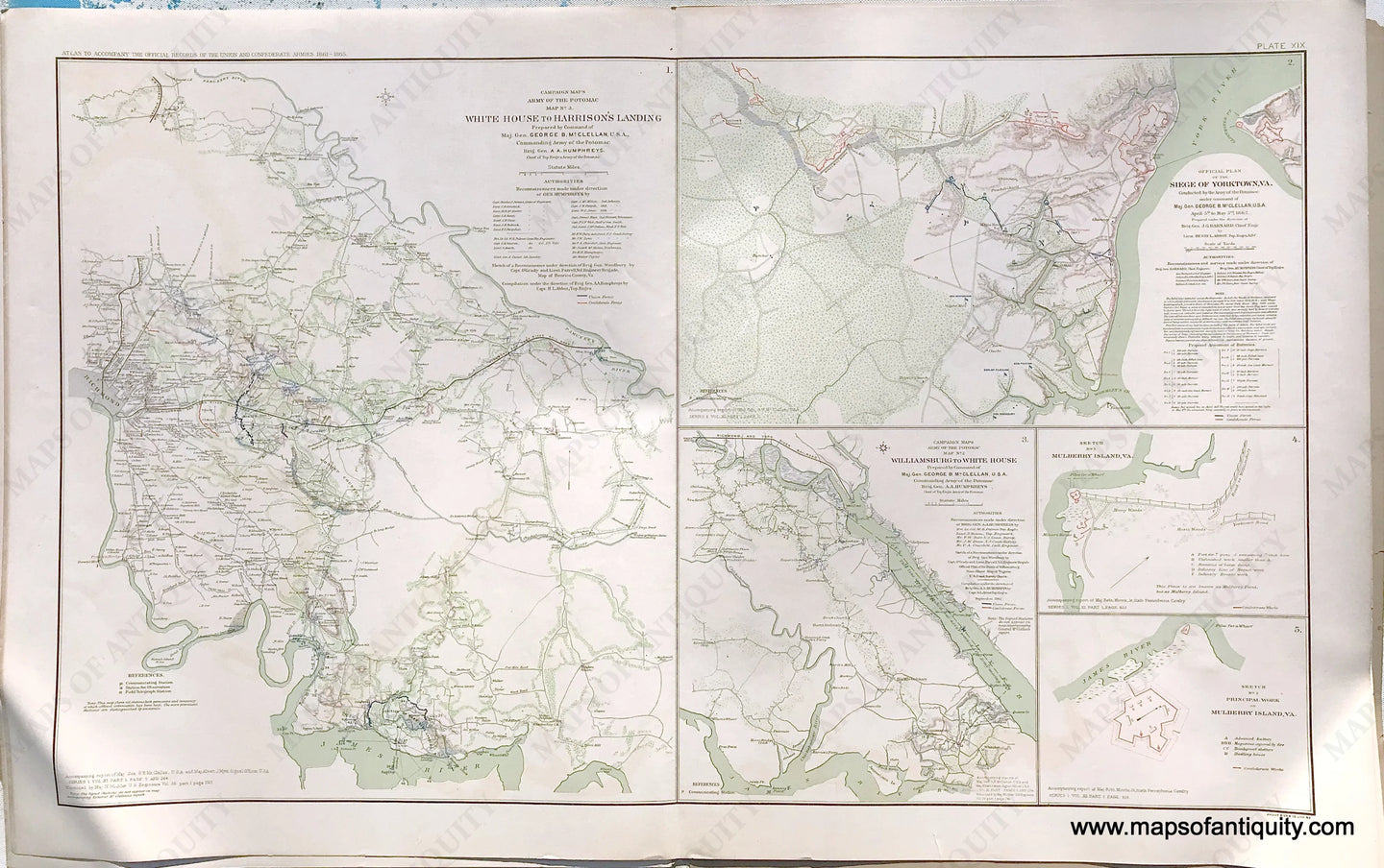 Antique-Lithograph-Print-Plate-19.-White-House-(VA)-to-Harrison's-Landing-/-Siege-of-Yorktown-May-3rd-1862-/-Williamsburg-to-White-House-plus-2-smaller-maps.-1892-US-War-Dept.-Civil-War-Civil-War-1800s-19th-century-Maps-of-Antiquity