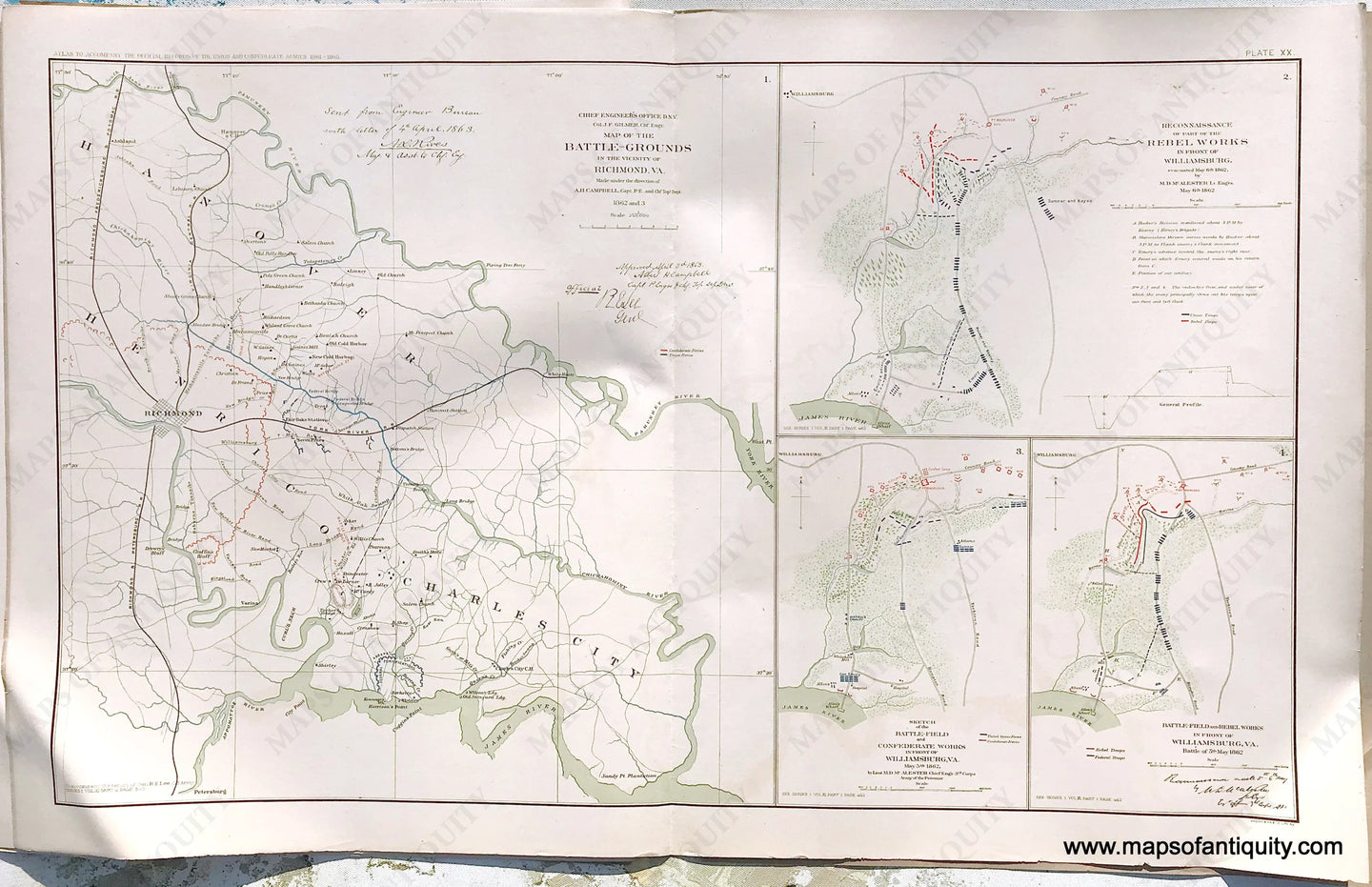 Antique-Lithograph-Print-Plate-20.-Battle-Grounds-in-the-vicinity-of-Richmond-VA-1862-and-Rebel-Works-in-front-of-Williamsburg-May-6th-1862-plus-2-smaller-maps.-1892-US-War-Dept.-Civil-War-Civil-War-1800s-19th-century-Maps-of-Antiquity