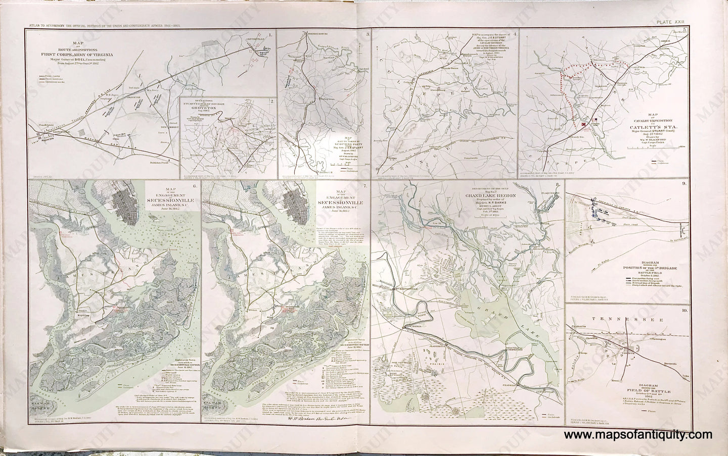 Antique-Lithograph-Print-Plate-23.-10-maps.-Positions-at-Manassas-maps-related-to-Groveton-Catlett's-Station,Secessionville-Grand-Lake-Region-LA-and-Corinth-MS.-1892-US-War-Dept.-Civil-War-Civil-War-1800s-19th-century-Maps-of-Antiquity