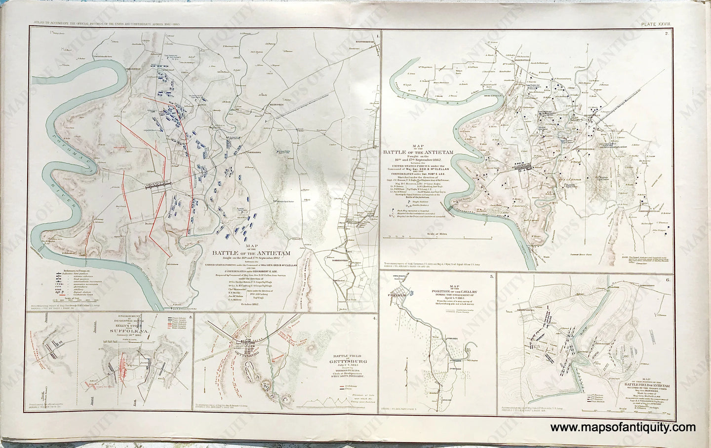 Antique-Lithograph-Print-Plate-28.-6-maps:-Three-maps-showing-the-Battle-of-Antietam-/-Engagement-at-Deserted-House-or-Kelly's-Store-near-Suffolk-VA-/-Battle-of-Gettysburg-/-Engagement-on-the-Lewisburg-Pike-TN.-1892-US-War-Dept.-Civil-War-Civil-War-1800s-19th-century-Maps-of-Antiquity