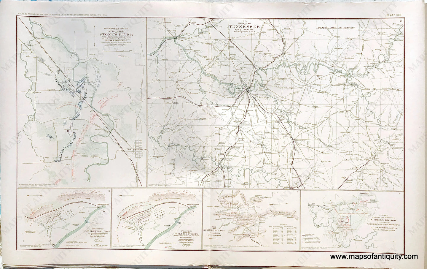 Antique-Lithograph-Print-Plate-30.-6-maps:-Battlefield-of-Stone's-River-TN-/-Tennessee-with-Nashville-/-two-maps-of-positions-near-Fredericksburg-VA-/-The-Huntersville-Line-WVA-/-Battle-of-Chickamauga.-1892-US-War-Dept.-Civil-War-Civil-War-1800s-19th-century-Maps-of-Antiquity