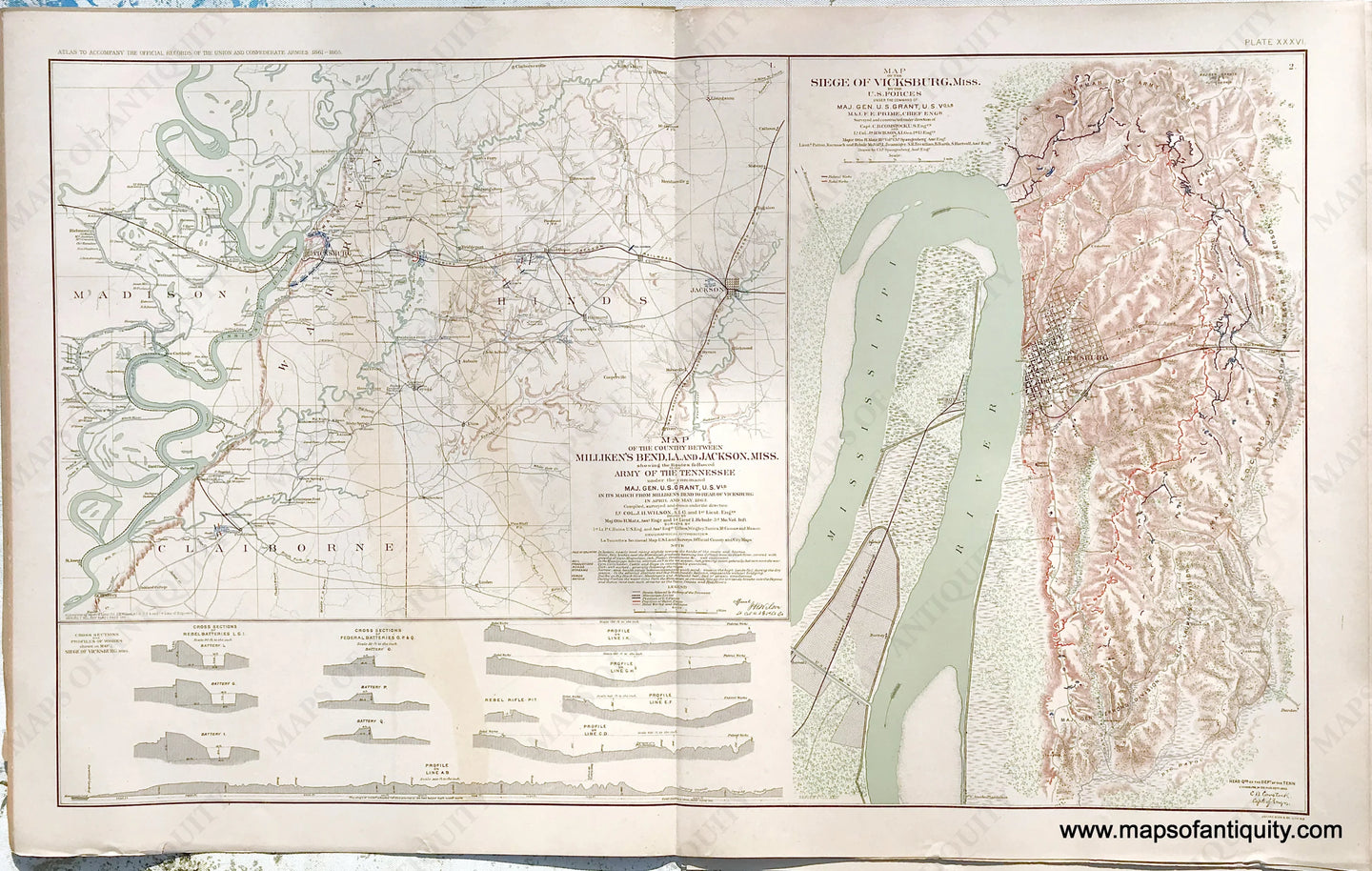 Antique-Lithograph-Print-Plate-36.-Milliken's-Bend-LA-to-Jackson-MS-showing-the-routes-followed-by-the-Army-of-Tennessee-and-the-Seige-of-Vickburg-MS-1892-US-War-Dept.-Civil-War-Civil-War-1800s-19th-century-Maps-of-Antiquity