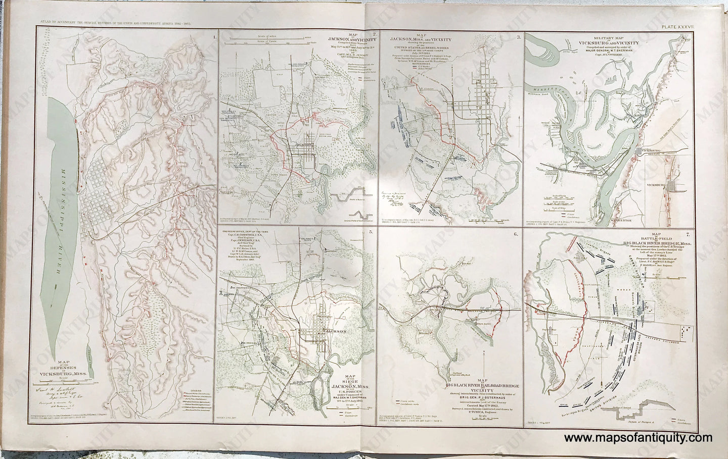 Antique-Lithograph-Print-Plate-37.-Defenses-of-Vicksburg-Miss.-Jackson-and-vicinity--Jackson-and-vicinity-July-20th-1863-/-Vicksburg-and-vicinity-/-Jackson-Miss.-9th-to-17th-July-1863-/-Big-Black-River-Railroad-Bridge-and-vicinity-May-17th-1863-/-Battle-field-of-Big-Black-River-Bridge-May-17th-1863-MS.-1892-US-War-Dept.-Civil-War-Civil-War-1800s-19th-century-Maps-of-Antiquity