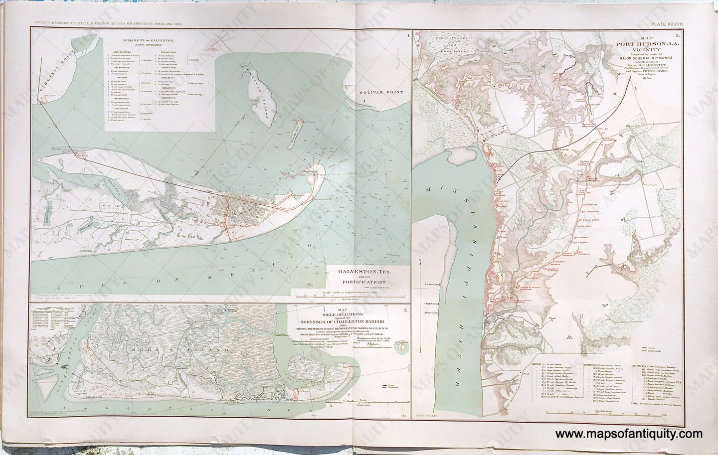 Antique-Lithograph-Print-Plate-38.-Galveston-Tex.-And-its-Fortifications-/-Port-Hudson-LA-and-vicinity-1864-/-Siege-Operations-against-the-Defenses-of-Charleston-Harbor-(Morris-Island)-1863.-1892-US-War-Dept.-Civil-War-Civil-War-1800s-19th-century-Maps-of-Antiquity