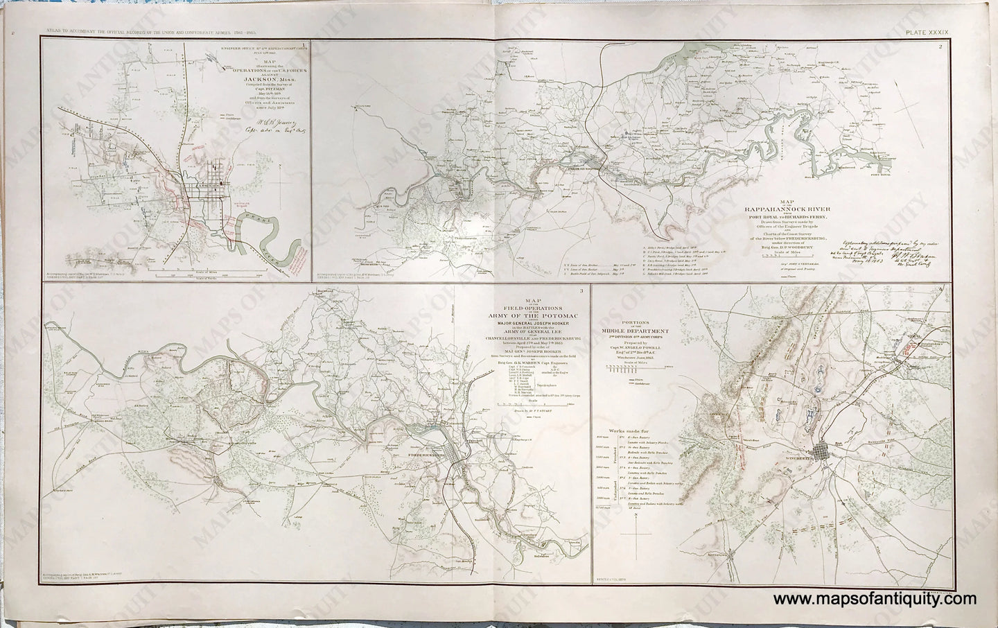 Antique-Lithograph-Print-Plate-39.-Operations-at-Jackson-Miss.-compiled-from-surveys-May-14th-to-16th-and-survey-since-July-10th-1863-/-Rappahannock-River-from-Port-Royal-to-Richards-Ferry-April-and-May-1863-/-Field-Operations-of-the-Army-of-the-Potomac-between-April-27th-and-May-7th-1863-/-Portions-of-the-Middle-Department-2nd-Division-Winchester-June-1863-1892-US-War-Dept.-Civil-War-Civil-War-1800s-19th-century-Maps-of-Antiquity