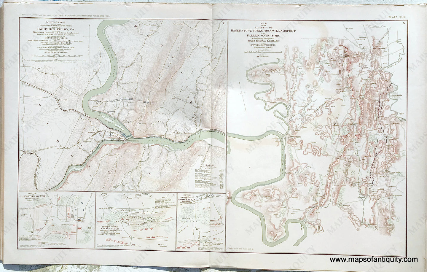 Antique-Lithograph-Print-Plate-42.-5-maps:-Military-Map-of-Harper's-Ferry-VA-/-Battle-of-Slaughter's-Mountain-/-Cold-Harbor-/-Cross-Keys-/-Vicinity-of-Hagerstown-Funkstown-Williamsport-and-Falling-Waters-MD.-1892-US-War-Dept.-Civil-War-Civil-War-1800s-19th-century-Maps-of-Antiquity