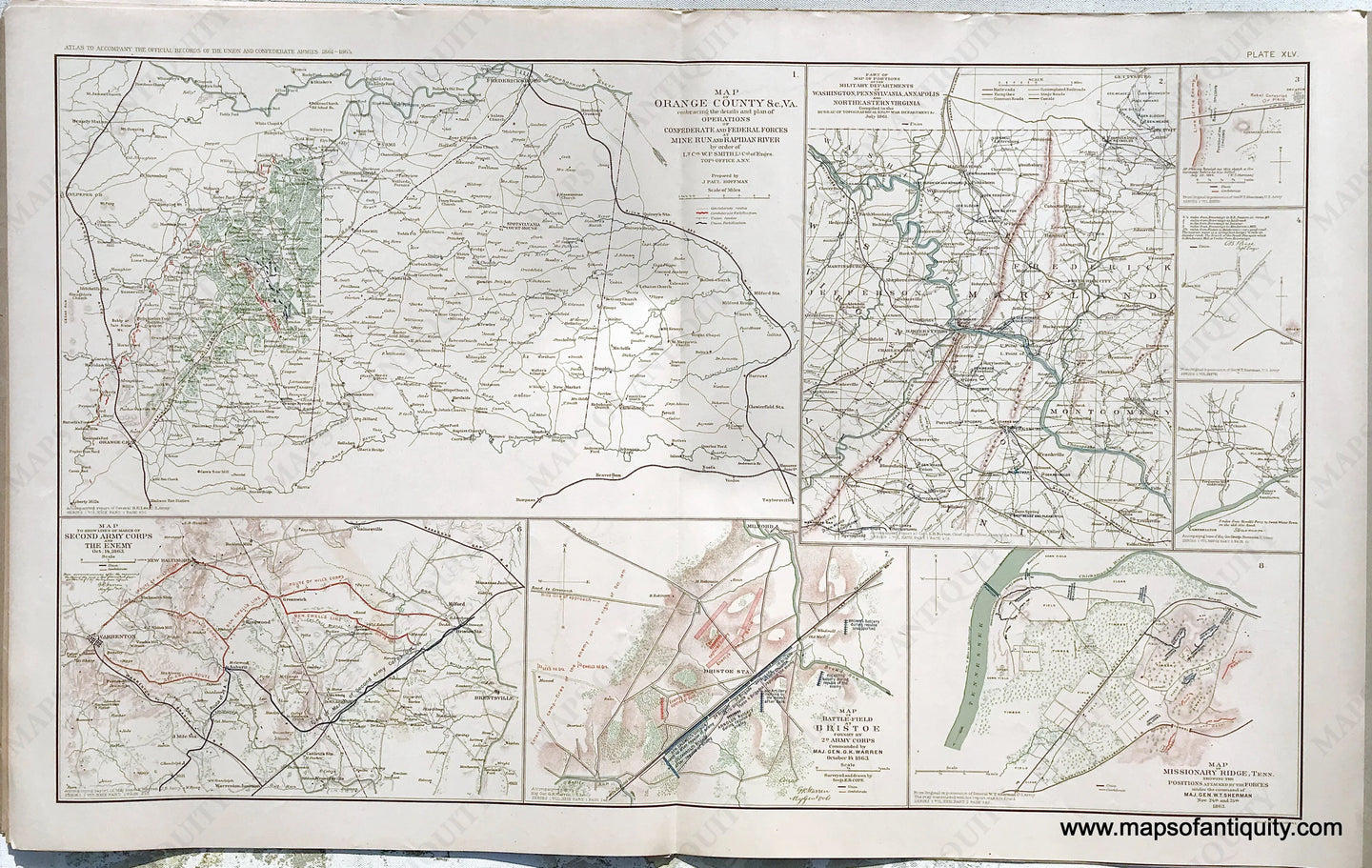 Antique-Lithograph-Print-Plate-45.-Orange-County-&c.-VA.-/-Military-Departments-of-Washington-Pennsylvania-Annapolis-and-Northeastern-Virginia-July-1861-/-Map-to-show-Lines-of-March-of-Second-Army-Corps-and-The-Enemy--Battle-Field-at-Bristoe-Missionary-Ridge-Tenn.-1892-US-War-Dept.-Civil-War-Civil-War-1800s-19th-century-Maps-of-Antiquity