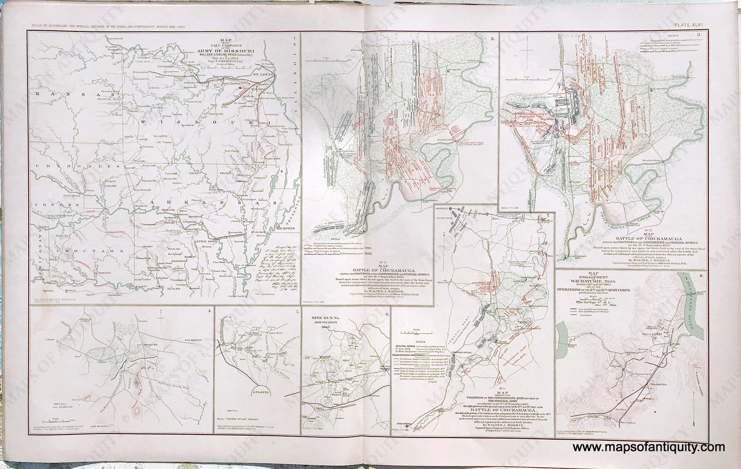 Antique-Lithograph-Print-Plate-47.-Map-of-the-Fall-Campaign-of-the-Army-of-Missouri-/-Battle-of-Chickamauga-Battle-of-Chickamauga-Battle-of-Chickamauga-at-midnight-September-18th-1863-/-Engagement-at-Wauhatchie-Tenn.-October-28th-and-29th-1863-/-3-smaller-maps.Ã‚Â -1892-US-War-Dept.-Civil-War-Civil-War-1800s-19th-century-Maps-of-Antiquity