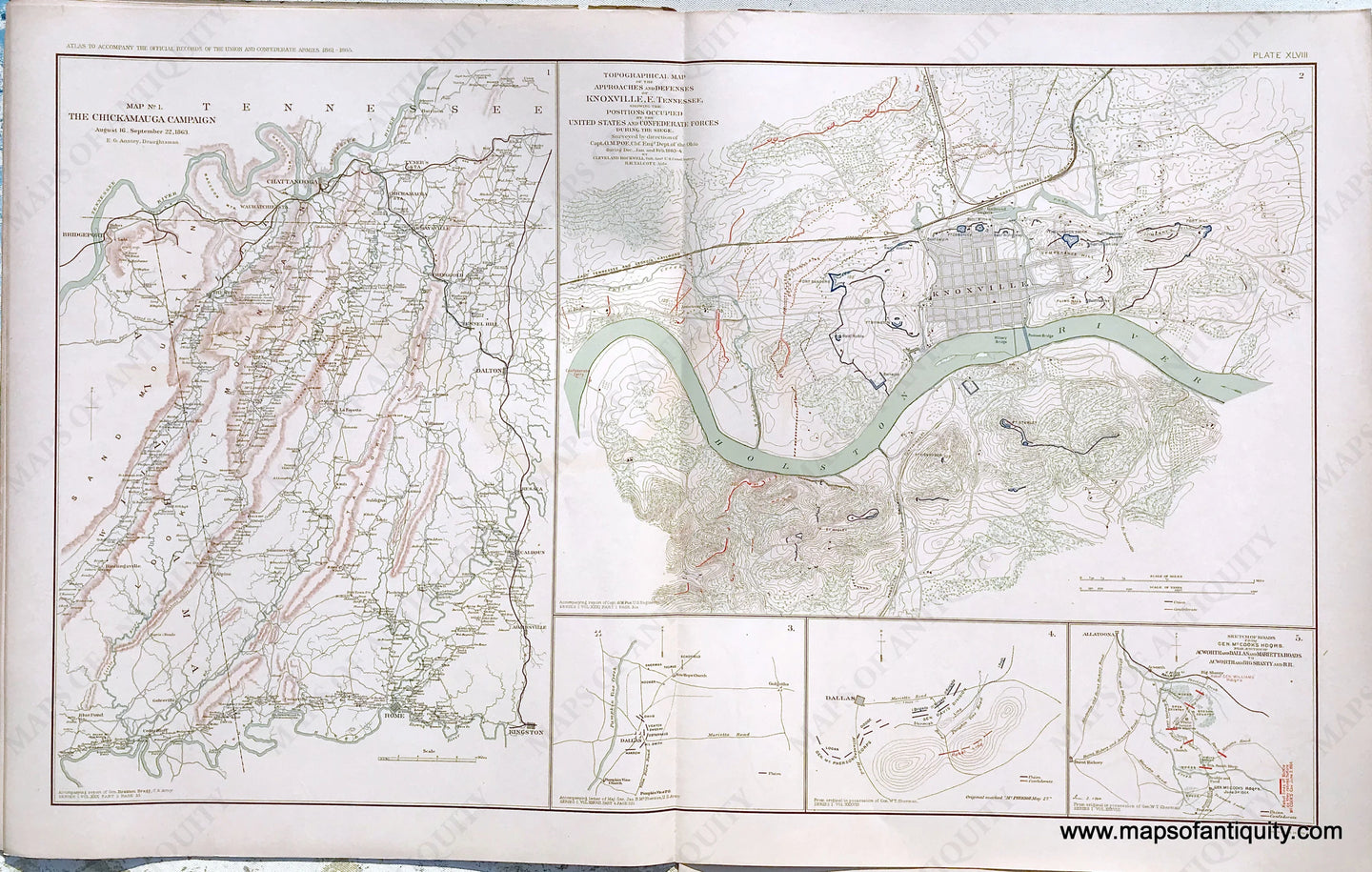 Antique-Lithograph-Print-Plate-48.-The-Chickamauga-Campaign-August-16-September-22-1863-with-Chattanooga-/-Approaches-and-Defenses-of-Knoxville-E.-Tenn.-surveyed-during-December-January-and-February-1863-64-/-plus-3-smaller-maps.-1892-US-War-Dept.-Civil-War-Civil-War-1800s-19th-century-Maps-of-Antiquity