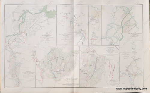 Page of antique Civil War Maps Plate 56. Vicinity of Petersburg, Va., 1862 / Atlanta Campaign from June 15th to July 3rd, 1864 / Atlanta Campaign from July 5th to 18th, 1864 / Army of the Tennessee from May 27th to June 4th, 1864 / Battle Ground of the Army of the Tennessee July 22nd, 1864 / Battle Ground of the Army of the Tennessee, July 28th, 1864 / Atlanta Campaign Operations from July 18th to 27th, 1864.