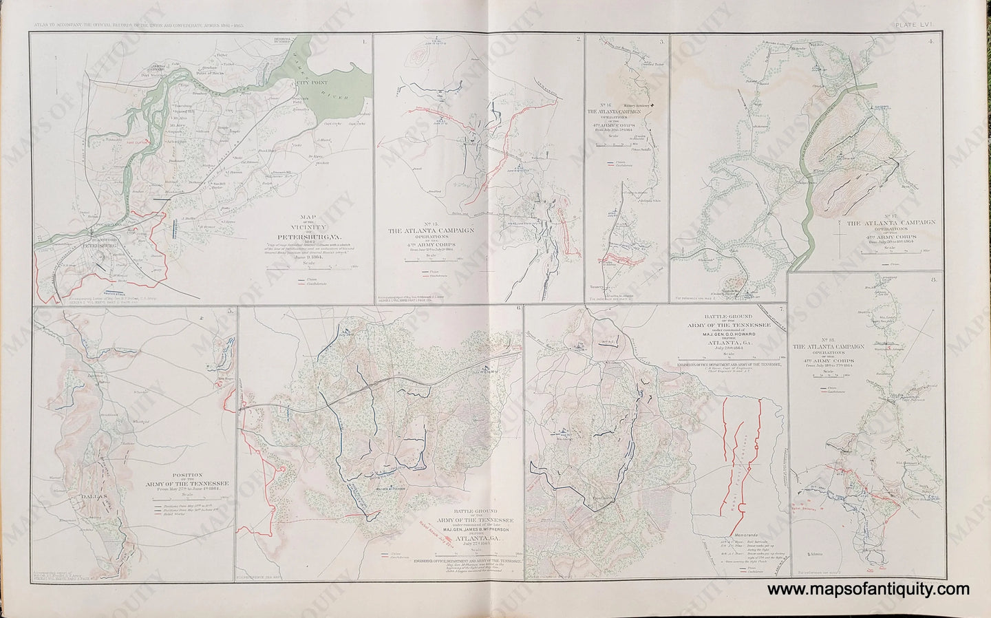 Page of antique Civil War Maps Plate 56. Vicinity of Petersburg, Va., 1862 / Atlanta Campaign from June 15th to July 3rd, 1864 / Atlanta Campaign from July 5th to 18th, 1864 / Army of the Tennessee from May 27th to June 4th, 1864 / Battle Ground of the Army of the Tennessee July 22nd, 1864 / Battle Ground of the Army of the Tennessee, July 28th, 1864 / Atlanta Campaign Operations from July 18th to 27th, 1864.