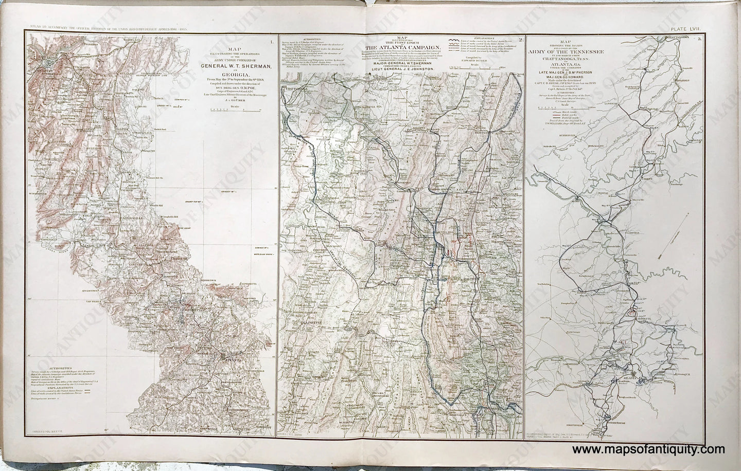 Antique-Lithograph-Print-Plate-57.-Operations-of-the-Army-under-command-of-General-W.T.-Sherman-in-Georgia-from-May-the-5th-to-September-the-4th-1864-/-First-Epoch-of-the-Atlanta-Campaign-/-Roads-followed-by-the-Army-of-the-Tennessee-in-its-march-from-Chattanooga-Tenn.-To-Atlanta-GA.-1893-US-War-Dept.-Civil-War-Civil-War-1800s-19th-century-Maps-of-Antiquity