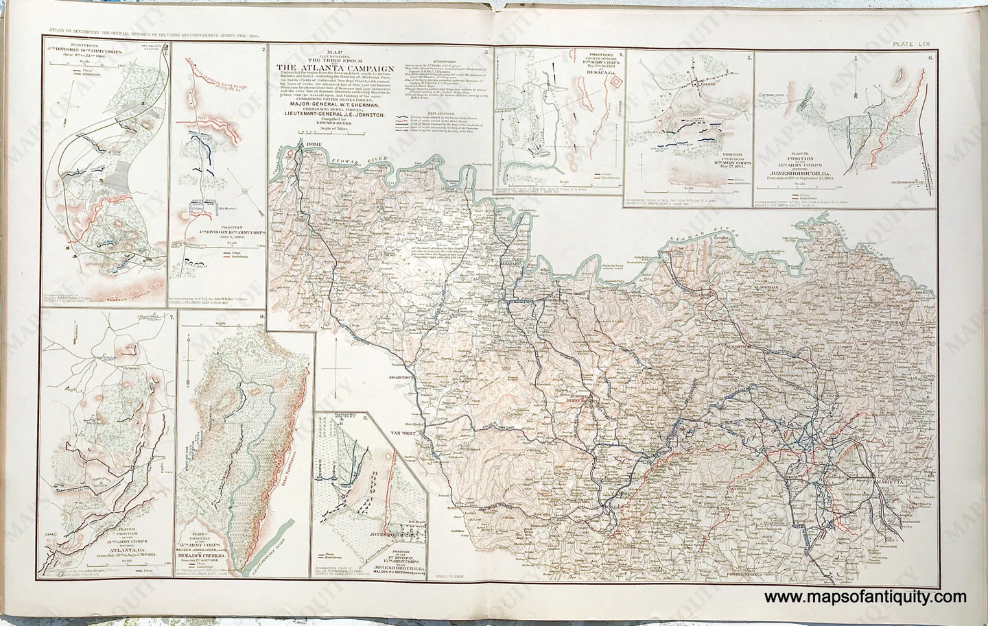 Antique-Lithograph-Print-Plate-59.-Third-Epoch-of-the-Atlanta-Campaign-with-8-maps-showing-positions-of-armies.-1893-US-War-Dept.-Civil-War-Civil-War-1800s-19th-century-Maps-of-Antiquity